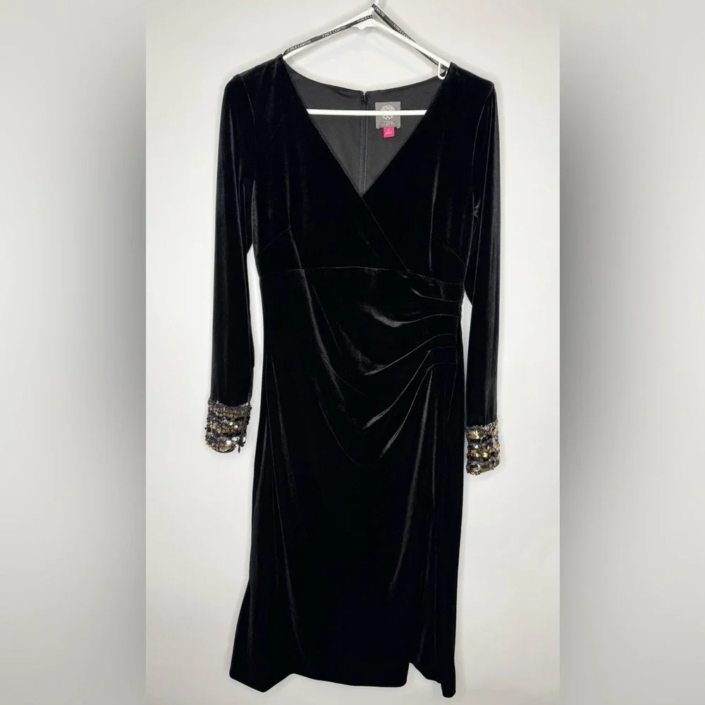 Vince Camuto Velvet Sequin Cuff Long Sleeve Gown